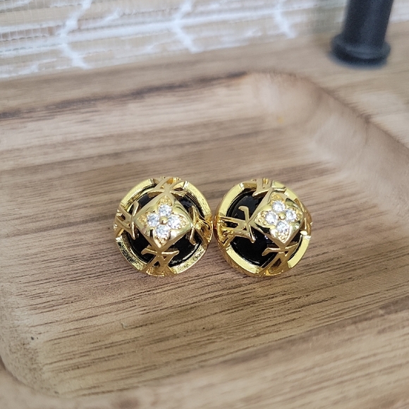 Gold and Black Round Earrings with Crystal Accent - Picture 1 of 2